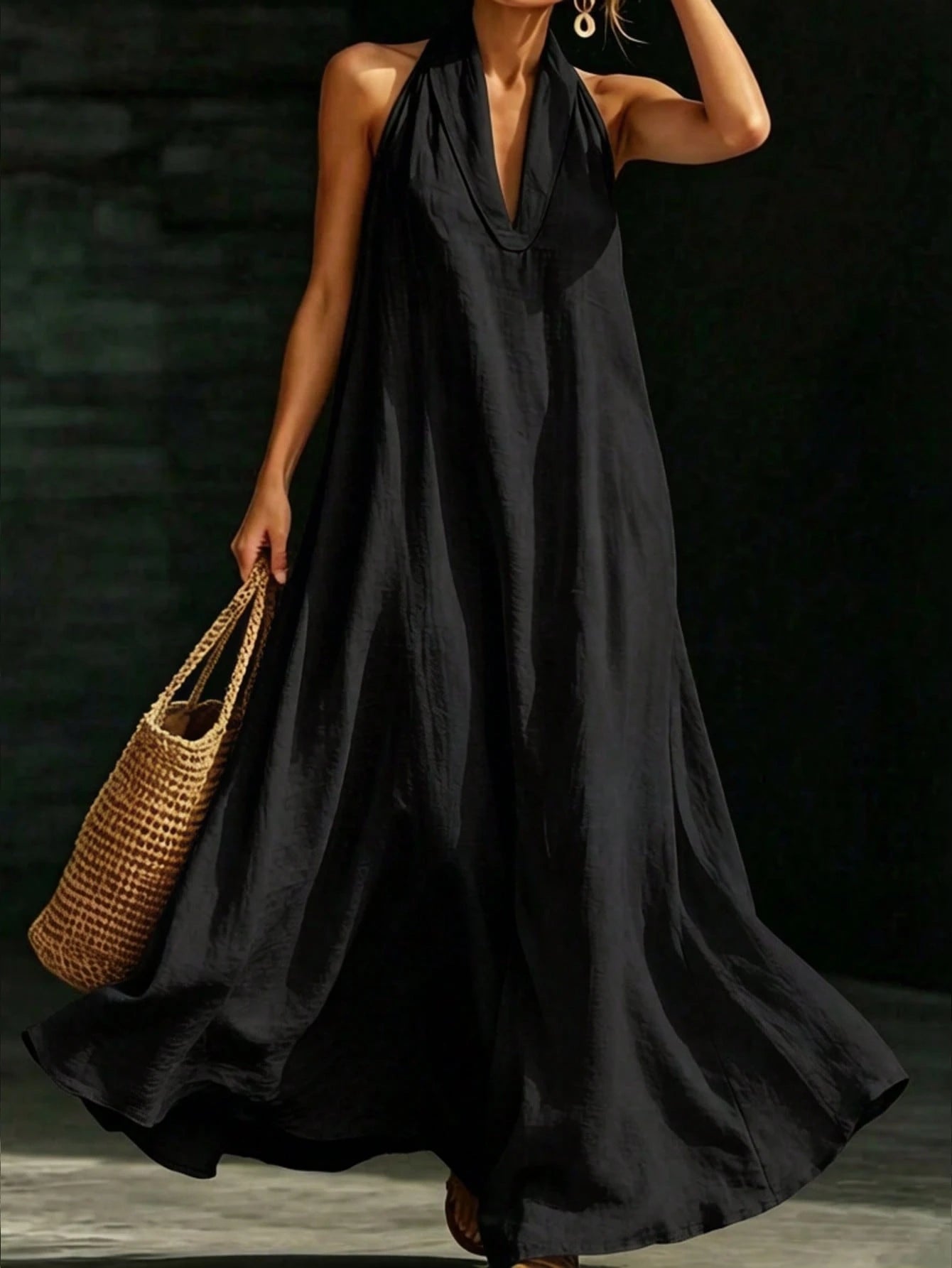 HUTENER Women's Long Dress, French Slouchy Halter V-Neck Dress, Women's Summer Vacation Casual Slouchy Slimming Elegant Long Dress Black