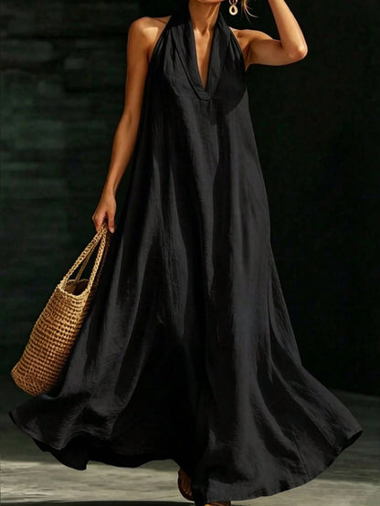 HUTENER Women's Long Dress, French Slouchy Halter V-Neck Dress, Women's Summer Vacation Casual Slouchy Slimming Elegant Long Dress Black