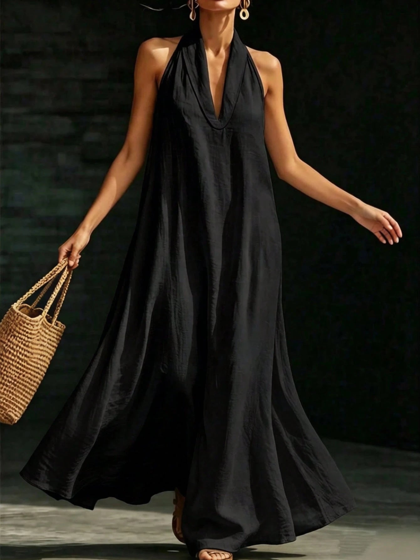 HUTENER Women's Long Dress, French Slouchy Halter V-Neck Dress, Women's Summer Vacation Casual Slouchy Slimming Elegant Long Dress Black