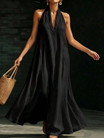 HUTENER Women's Long Dress, French Slouchy Halter V-Neck Dress, Women's Summer Vacation Casual Slouchy Slimming Elegant Long Dress Black