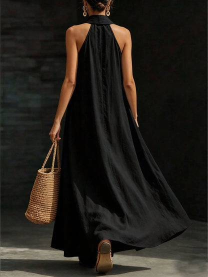 HUTENER Women's Long Dress, French Slouchy Halter V-Neck Dress, Women's Summer Vacation Casual Slouchy Slimming Elegant Long Dress Black