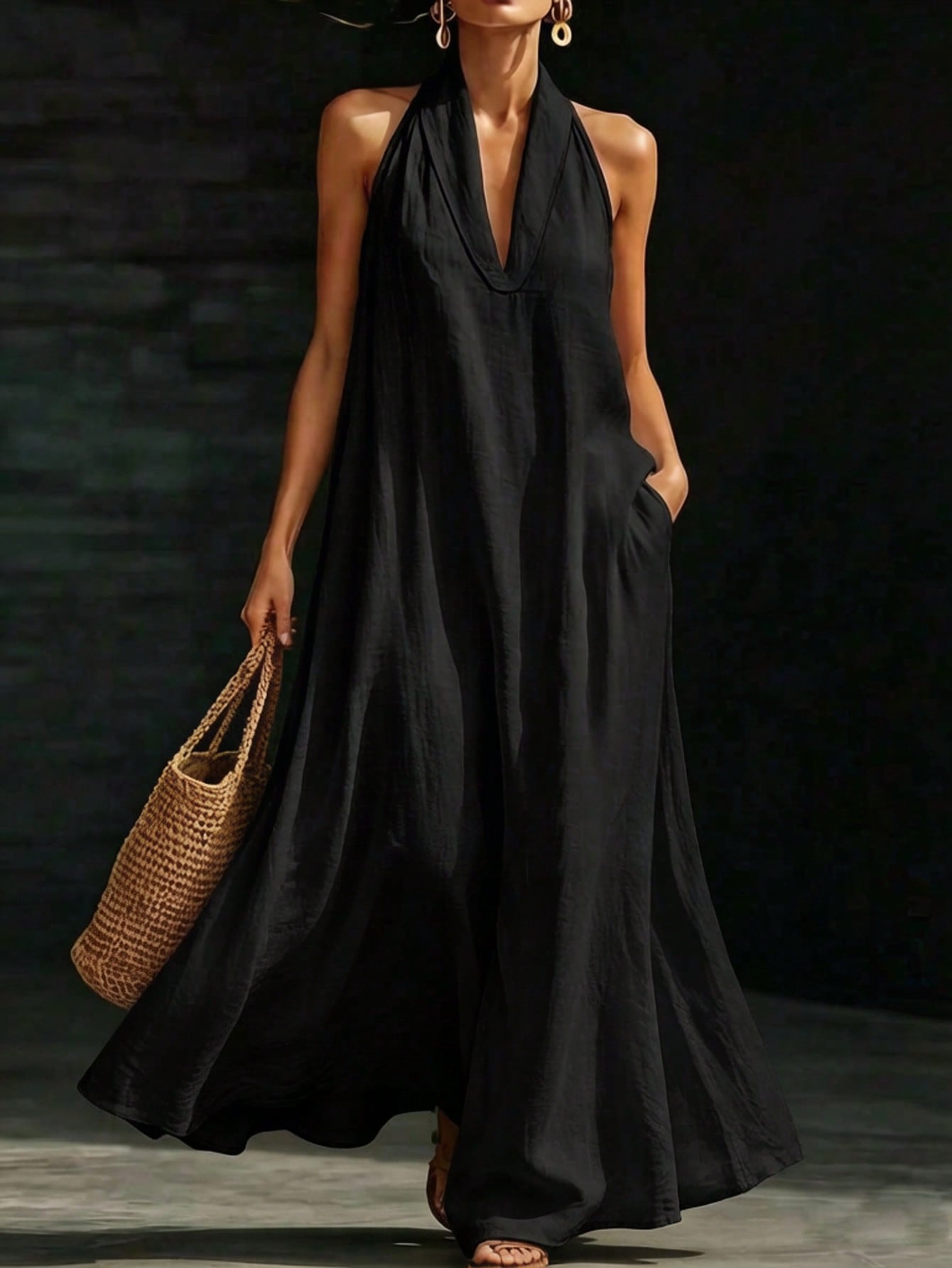 HUTENER Women's Long Dress, French Slouchy Halter V-Neck Dress, Women's Summer Vacation Casual Slouchy Slimming Elegant Long Dress Black
