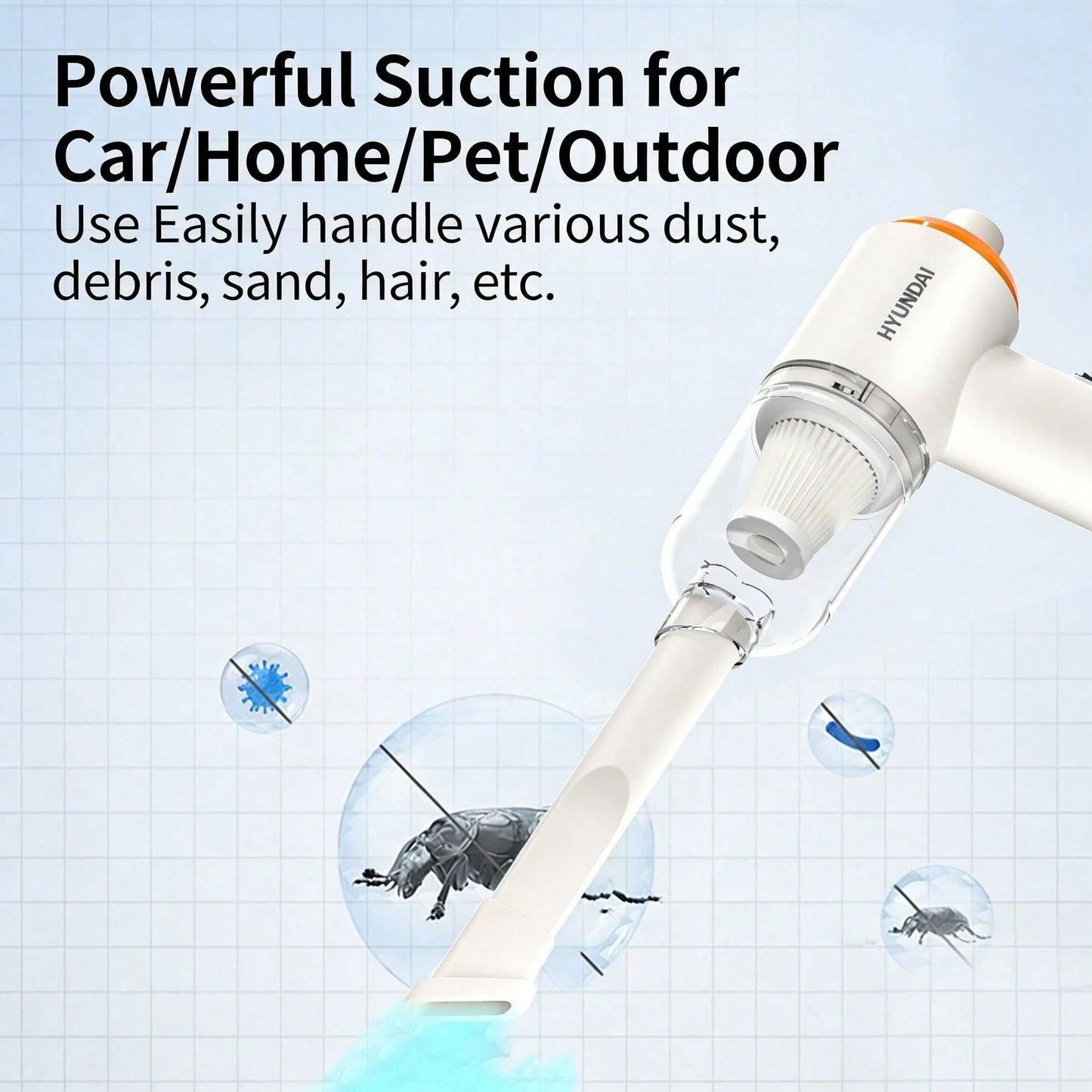 HYUNDAI Cordless Handheld Vacuum Cleaner. Lightweight And Portable Design. Powerful Suction With A Brushless Motor. Suitable For Home And Car Cleaning. High-Efficiency Filtration For Long-Lasting Batt