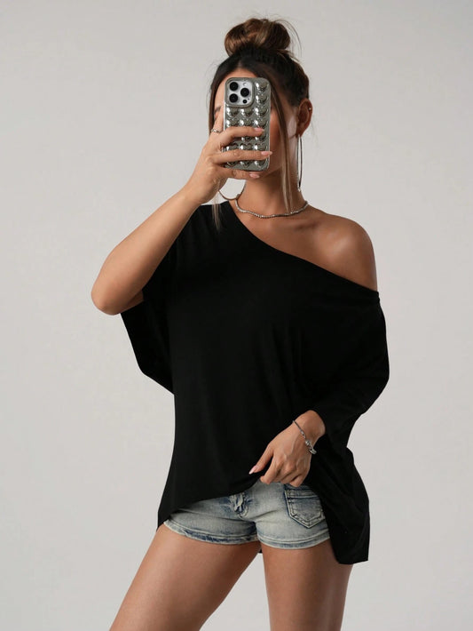 ICON Casual American Street Style Oblique Shoulder Loose T-Shirt, Solid Black