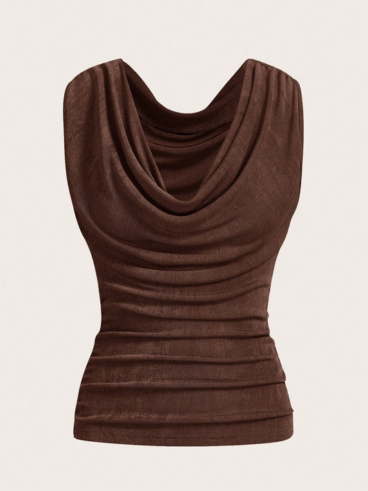 ICON Casual Solid Color Draped Neck Ruched Fitted Tank Top