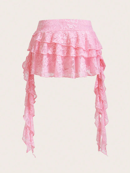 ICON Low Waist Vacation Style Casual Sexy White Lace Ruffle Hem Mini Skirt With Safety Shorts, Anti-Flashing
