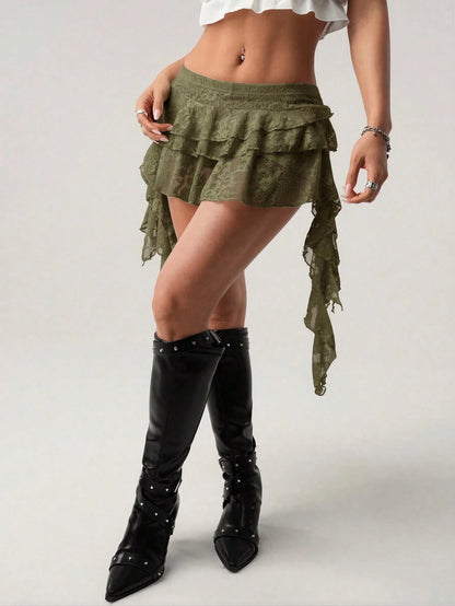 ICON Low Waist Vacation Style Casual Sexy White Lace Ruffle Hem Mini Skirt With Safety Shorts To Prevent Upskirt