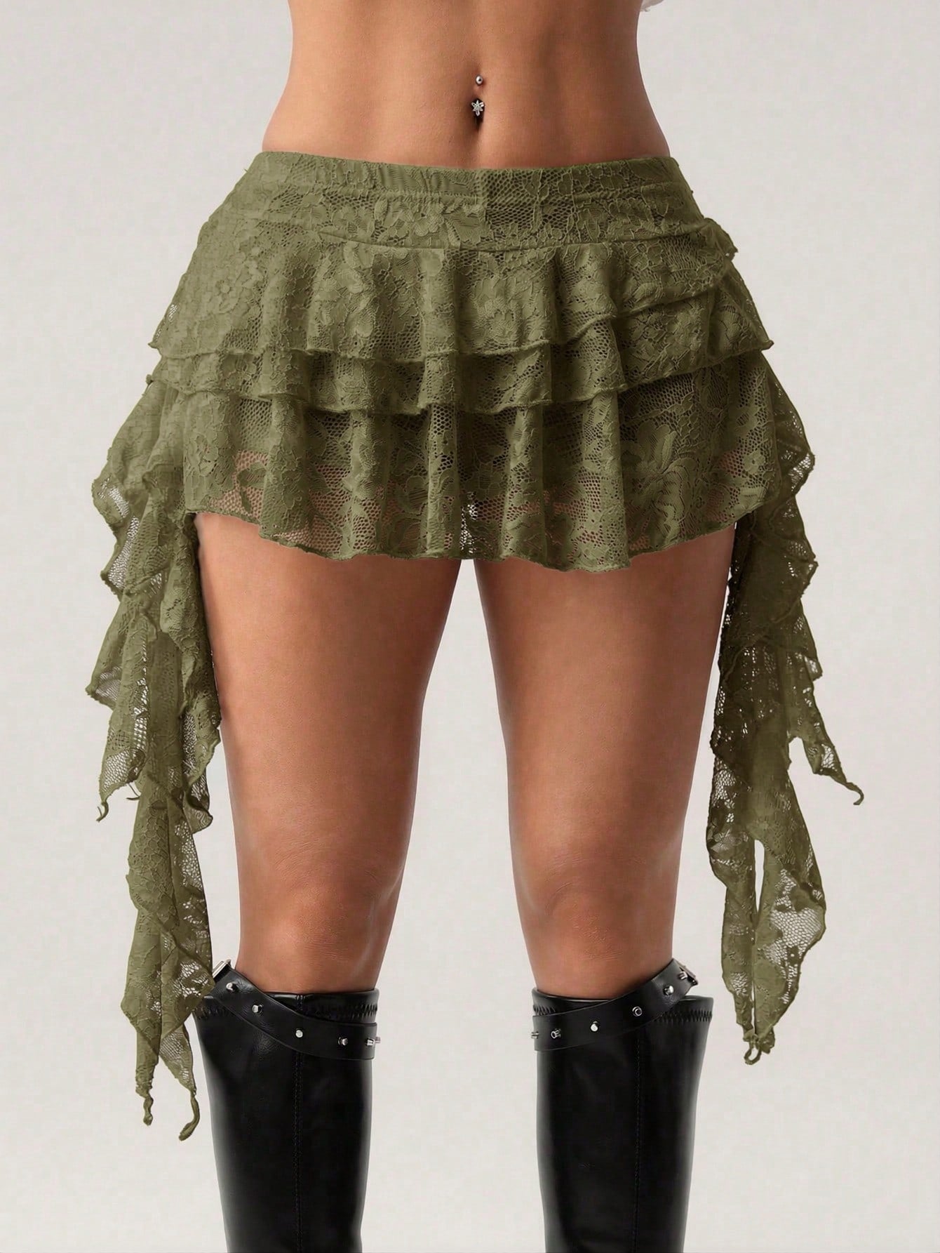 ICON Low Waist Vacation Style Casual Sexy White Lace Ruffle Hem Mini Skirt With Safety Shorts To Prevent Upskirt