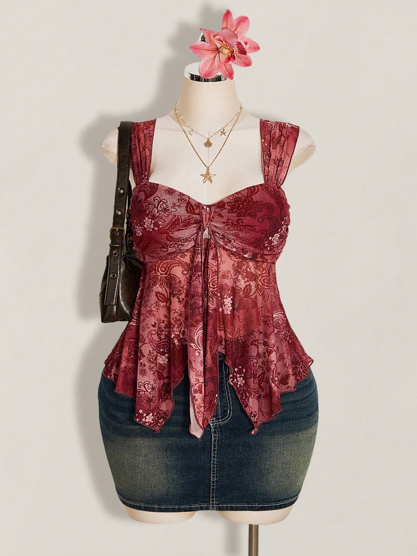 ICON Plus Size Women's Pink Asymmetrical Mesh Hem Camisole,Boho Summer Vacation Holiday Rave Tank Top,See-Through Y2K Style,Suitable For Graduation Season