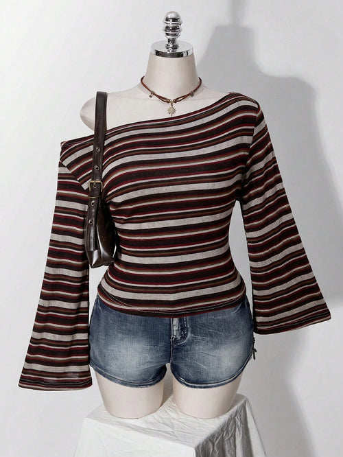 ICON Plus Size Y2K 1950s Vintage 90s Asymmetrical Shoulder Knitted Waist-Cinching T-Shirt Top Casual Retro Collar Long Sleeve Vacation Office Black Summer