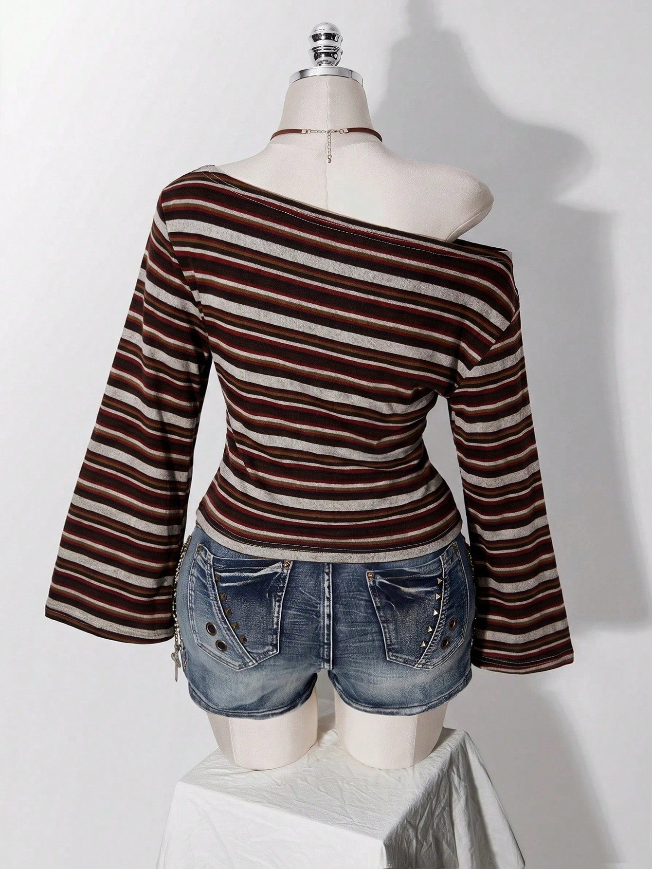 ICON Plus Size Y2K 1950s Vintage 90s Asymmetrical Shoulder Knitted Waist-Cinching T-Shirt Top Casual Retro Collar Long Sleeve Vacation Office Black Summer