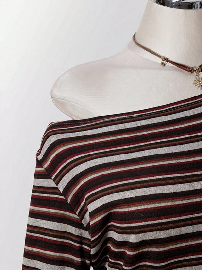 ICON Plus Size Y2K 1950s Vintage 90s Asymmetrical Shoulder Knitted Waist-Cinching T-Shirt Top Casual Retro Collar Long Sleeve Vacation Office Black Summer