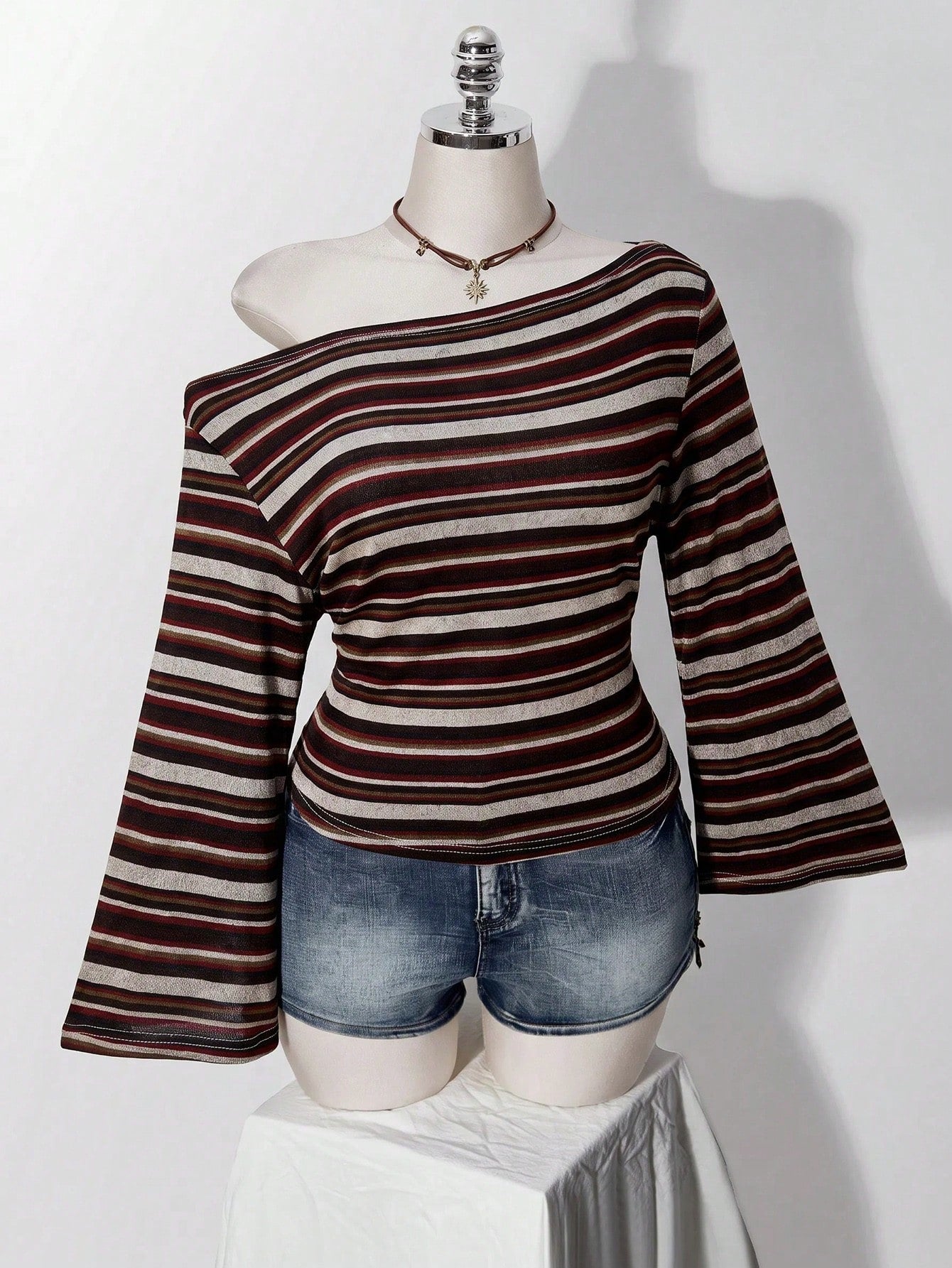 ICON Plus Size Y2K 1950s Vintage 90s Asymmetrical Shoulder Knitted Waist-Cinching T-Shirt Top Casual Retro Collar Long Sleeve Vacation Office Black Summer
