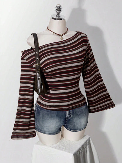 ICON Plus Size Y2K 1950s Vintage 90s Asymmetrical Shoulder Knitted Waist-Cinching T-Shirt Top Casual Retro Collar Long Sleeve Vacation Office Black Summer