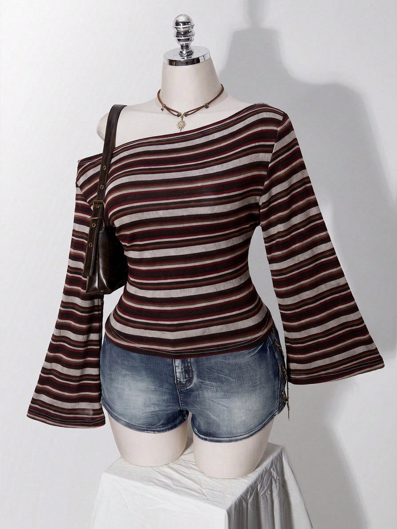 ICON Plus Size Y2K 1950s Vintage 90s Asymmetrical Shoulder Knitted Waist-Cinching T-Shirt Top Casual Retro Collar Long Sleeve Vacation Office Black Summer