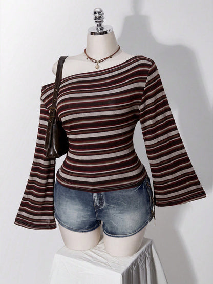 ICON Plus Size Y2K 1950s Vintage 90s Asymmetrical Shoulder Knitted Waist-Cinching T-Shirt Top Casual Retro Collar Long Sleeve Vacation Office Black Summer