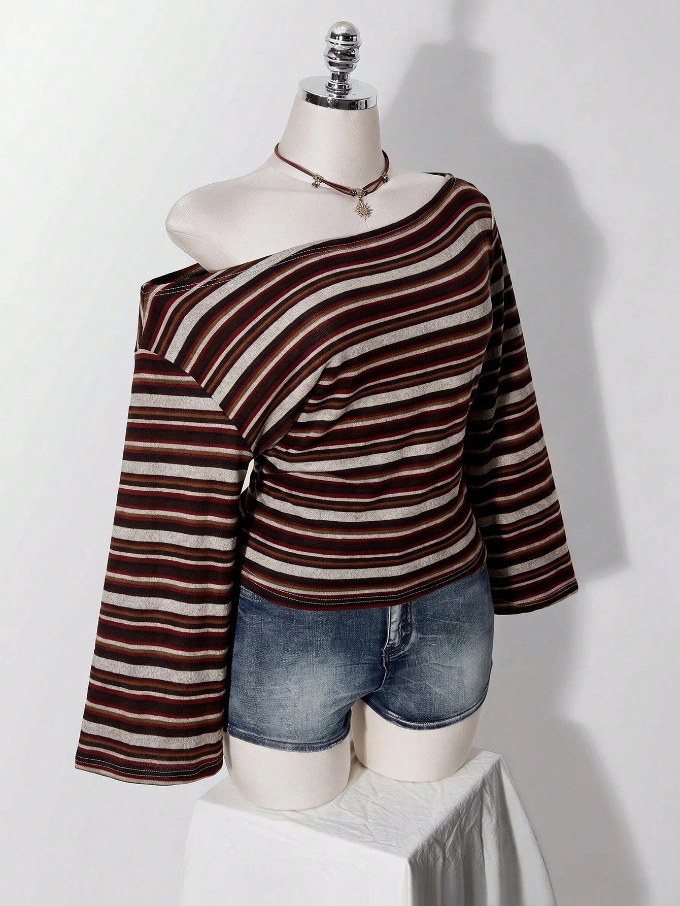ICON Plus Size Y2K 1950s Vintage 90s Asymmetrical Shoulder Knitted Waist-Cinching T-Shirt Top Casual Retro Collar Long Sleeve Vacation Office Black Summer