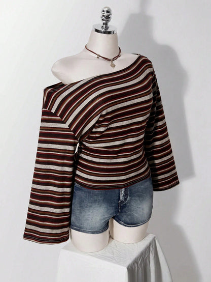 ICON Plus Size Y2K 1950s Vintage 90s Asymmetrical Shoulder Knitted Waist-Cinching T-Shirt Top Casual Retro Collar Long Sleeve Vacation Office Black Summer