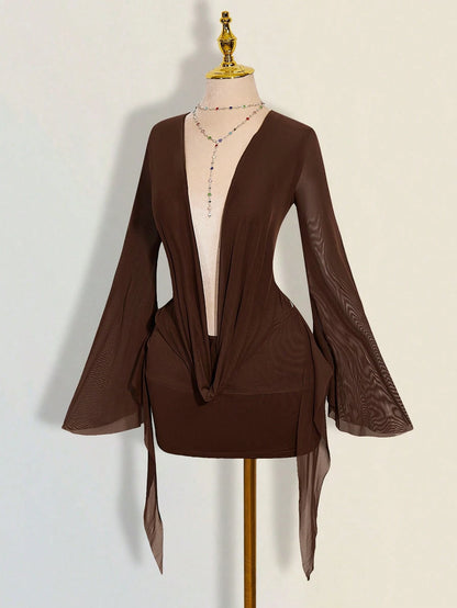 ICON Sexy Oversized Plunging Neckline Mesh Patchwork Backless Mini Dress