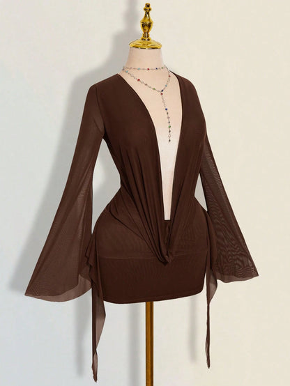 ICON Sexy Oversized Plunging Neckline Mesh Patchwork Backless Mini Dress