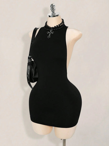 ICON Solid Color Criss-Cross Backless Sexy Casual Mini Dress,Party Dresses For Women