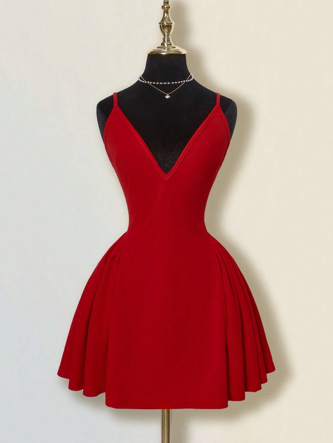 ICON Solid Red Mini A-Line Puff Dress With Deep V-Neck, Sexy Elegant Cinched Waist And Open Back, Bud-Style Dress For Date And Party