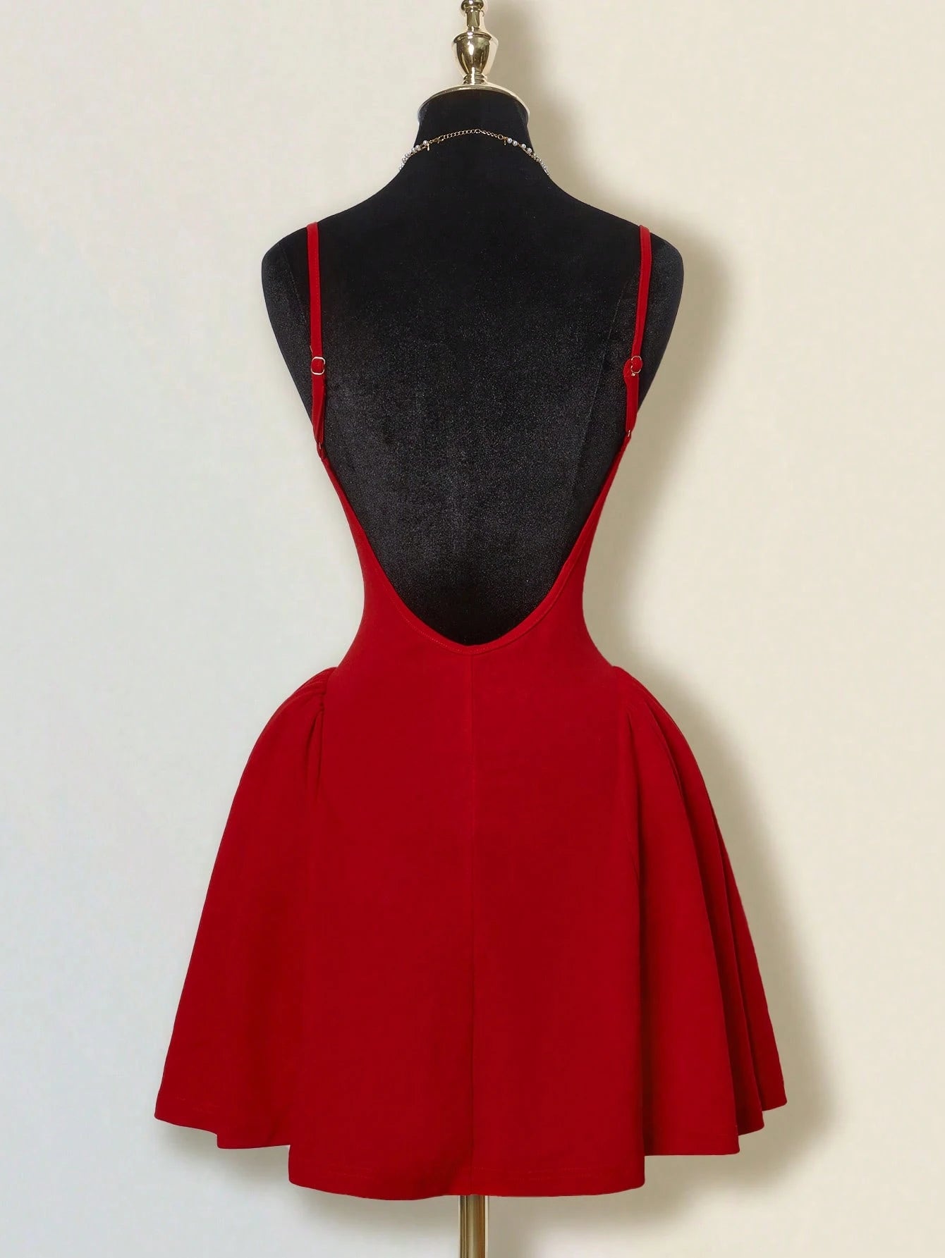 ICON Solid Red Mini A-Line Puff Dress With Deep V-Neck, Sexy Elegant Cinched Waist And Open Back, Bud-Style Dress For Date And Party