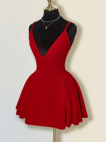 ICON Solid Red Mini A-Line Puff Dress With Deep V-Neck, Sexy Elegant Cinched Waist And Open Back, Bud-Style Dress For Date And Party