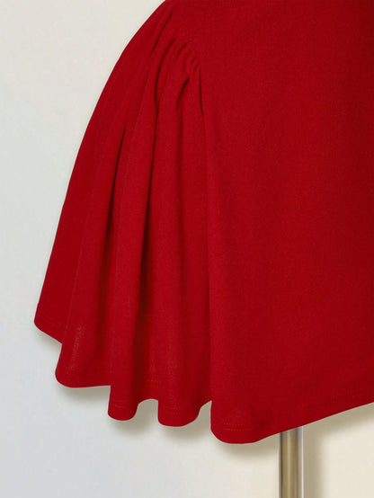 ICON Solid Red Mini A-Line Puff Dress With Deep V-Neck, Sexy Elegant Cinched Waist And Open Back, Bud-Style Dress For Date And Party