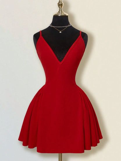 ICON Solid Red Mini A-Line Puff Dress With Deep V-Neck, Sexy Elegant Cinched Waist And Open Back, Bud-Style Dress For Date And Party