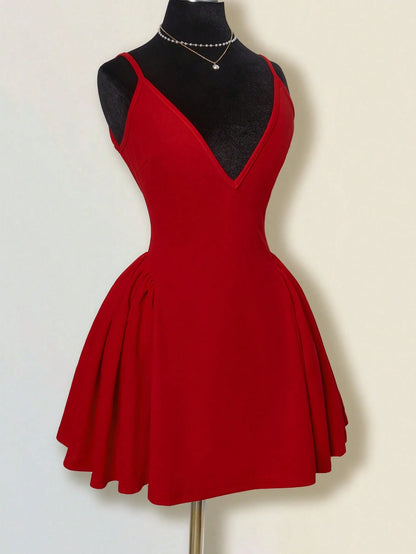 ICON Solid Red Mini A-Line Puff Dress With Deep V-Neck, Sexy Elegant Cinched Waist And Open Back, Bud-Style Dress For Date And Party