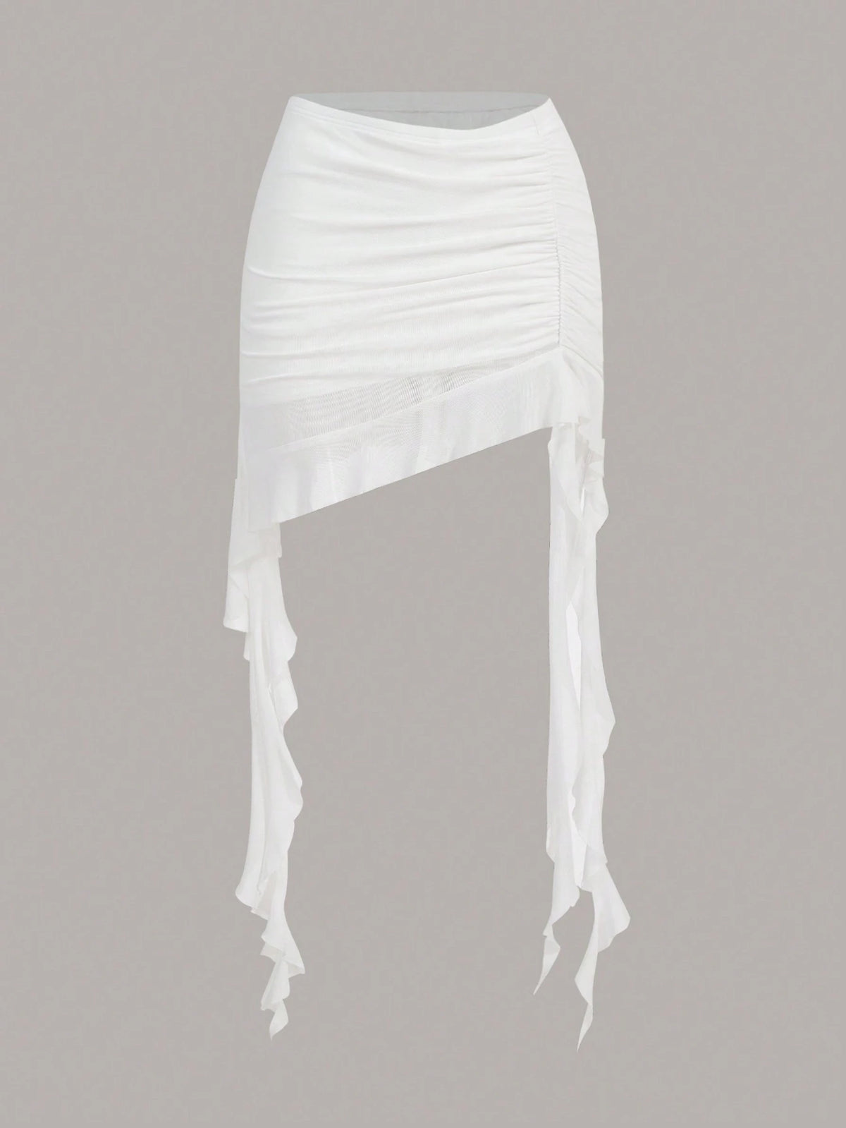 ICON Summer White Solid Asymmetrical Ruched Ruffle Hem Skirt