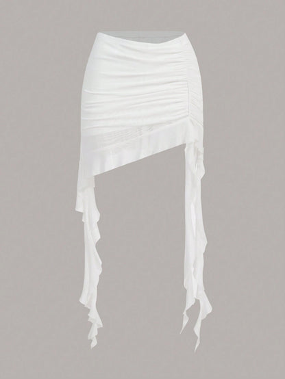 ICON Summer White Solid Asymmetrical Ruched Ruffle Hem Skirt