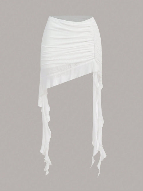 ICON Summer White Solid Asymmetrical Ruched Ruffle Hem Skirt