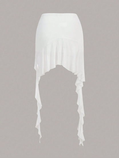 ICON Summer White Solid Asymmetrical Ruched Ruffle Hem Skirt