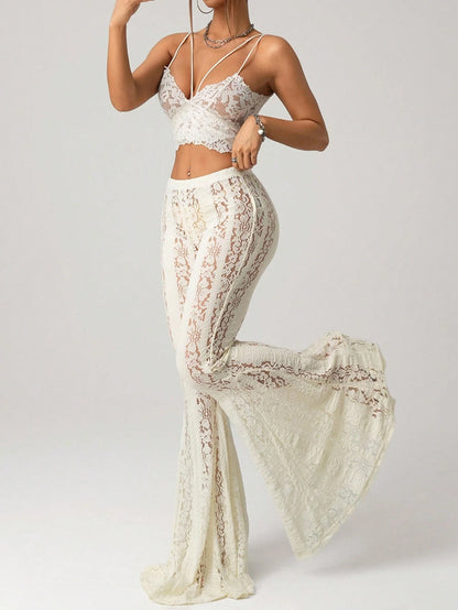 ICON Women's White Y2K Sexy Low Waist Full Lace Exaggerated Flared Leg Skinny Tight Fitting Sexy Pants