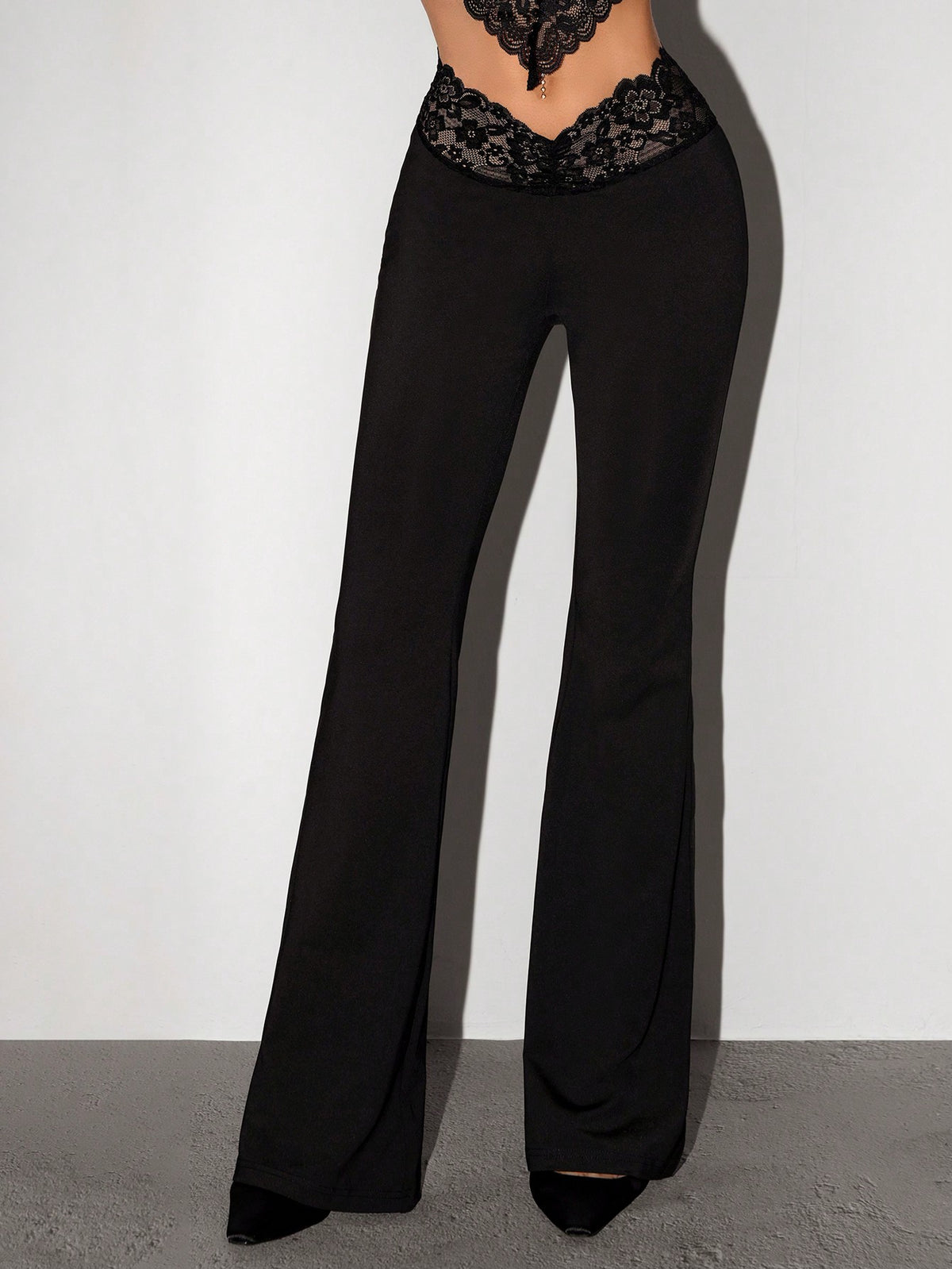 ICON Y2K Elegant Super Low-Rise Sexy Flare Pants With Contrast Waist Night Party Black Summer