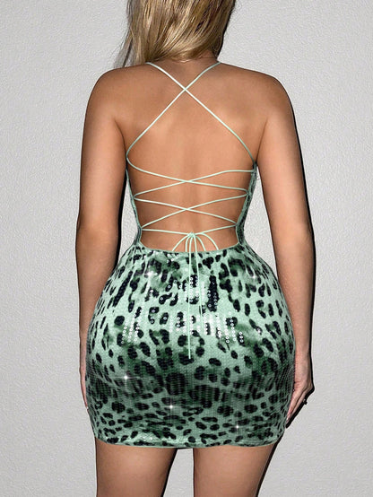 ICON Y2k Going Out Sexy Fashionable Spaghetti Strap Backless Leopard Print Sequins Bodycon Mini Dress