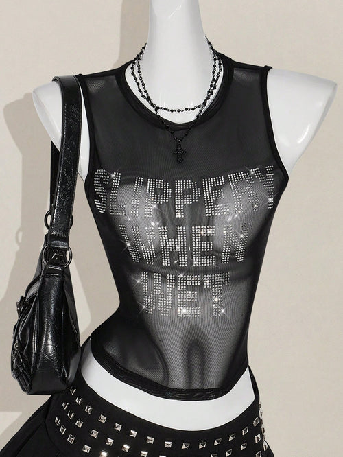 ICON Y2k Summer Black And Silver Mesh Sheer Sexy Rhinestone Glitter Women's Rhinestone Letter Mesh Backless Tight Camisole Night Out Club