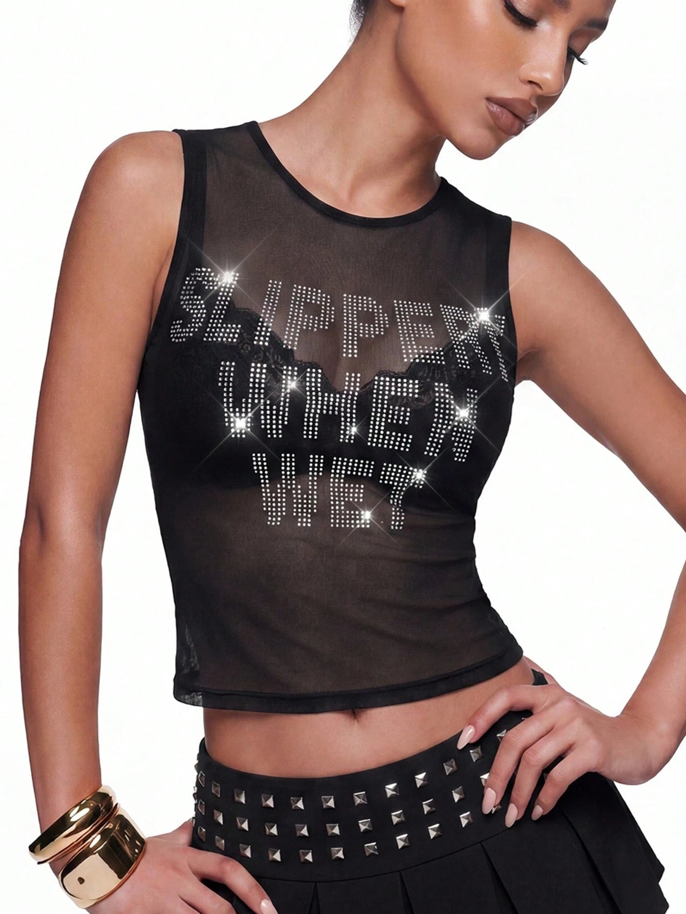 ICON Y2k Summer Black And Silver Mesh Sheer Sexy Rhinestone Glitter Women's Rhinestone Letter Mesh Backless Tight Camisole Night Out Club