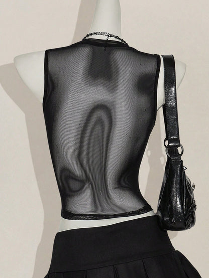 ICON Y2k Summer Black And Silver Mesh Sheer Sexy Rhinestone Glitter Women's Rhinestone Letter Mesh Backless Tight Camisole Night Out Club