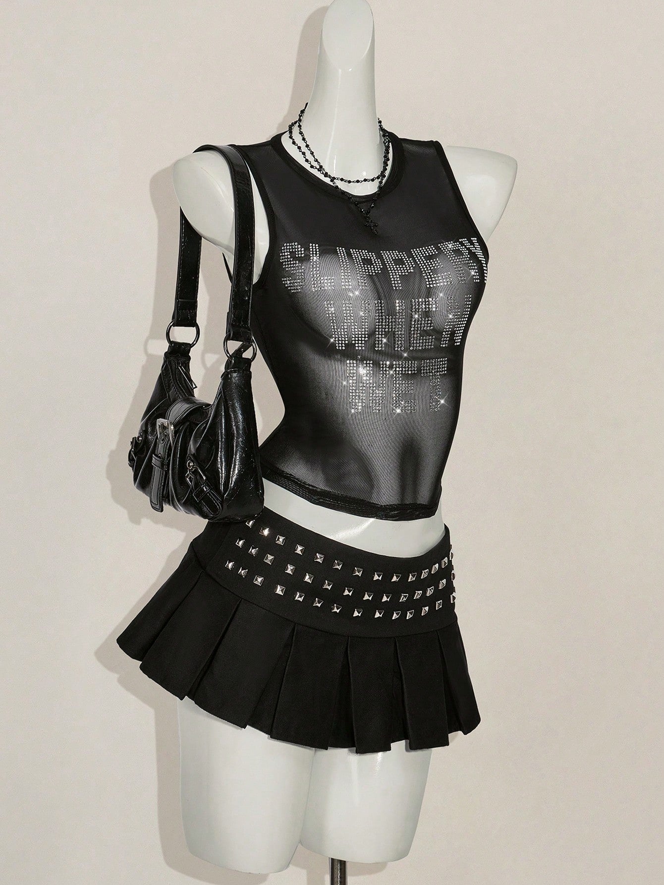 ICON Y2k Summer Black And Silver Mesh Sheer Sexy Rhinestone Glitter Women's Rhinestone Letter Mesh Backless Tight Camisole Night Out Club