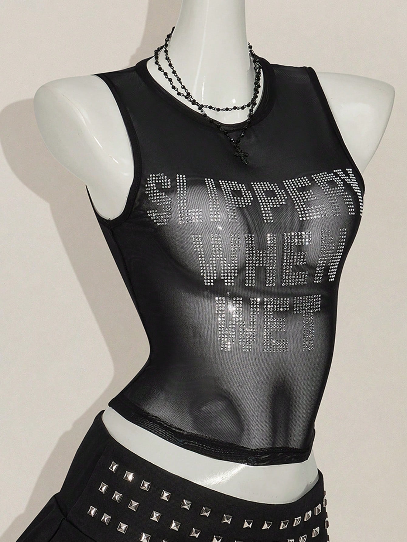 ICON Y2k Summer Black And Silver Mesh Sheer Sexy Rhinestone Glitter Women's Rhinestone Letter Mesh Backless Tight Camisole Night Out Club