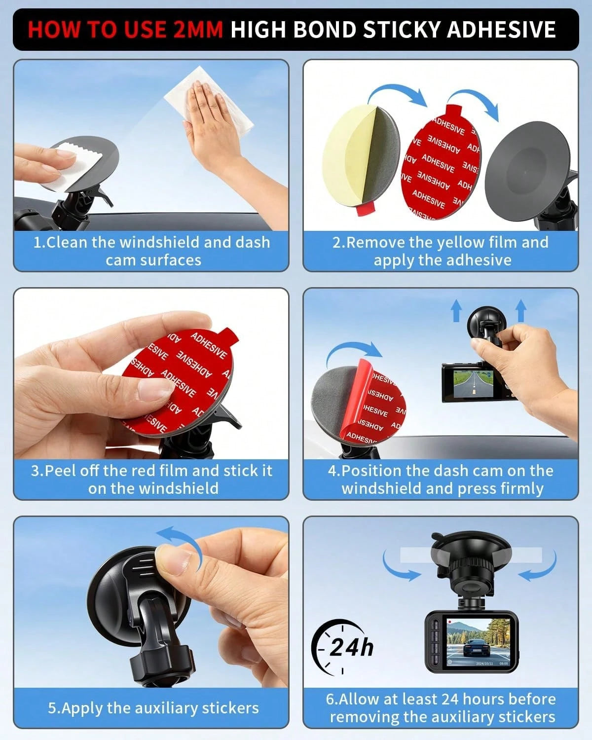 ILKCC 6Pcs Dash Cam Adhesive Pads [2mm, 283" Sq &Amp; 22" Rd]- Strong Heat-Resistant Sticky Tape For Car Dash, Windshield, GPS &Amp; Suction