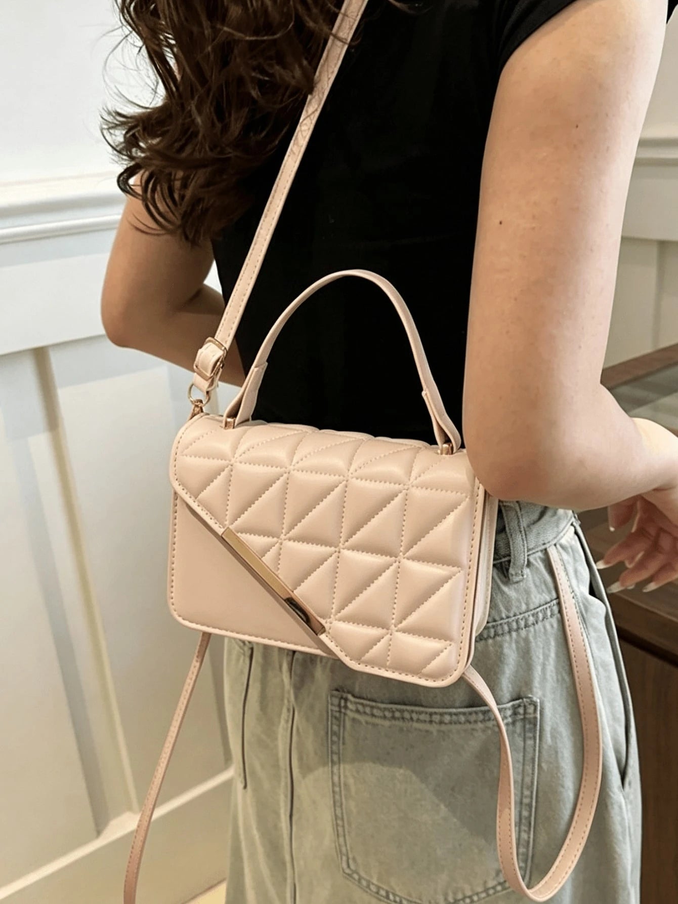 Imitation Leather Square Shoulder Bag, Quilted Texture Finish And Stitched Pattern, Multifunctional Mini Handbag, Suitable For Work And Shopping