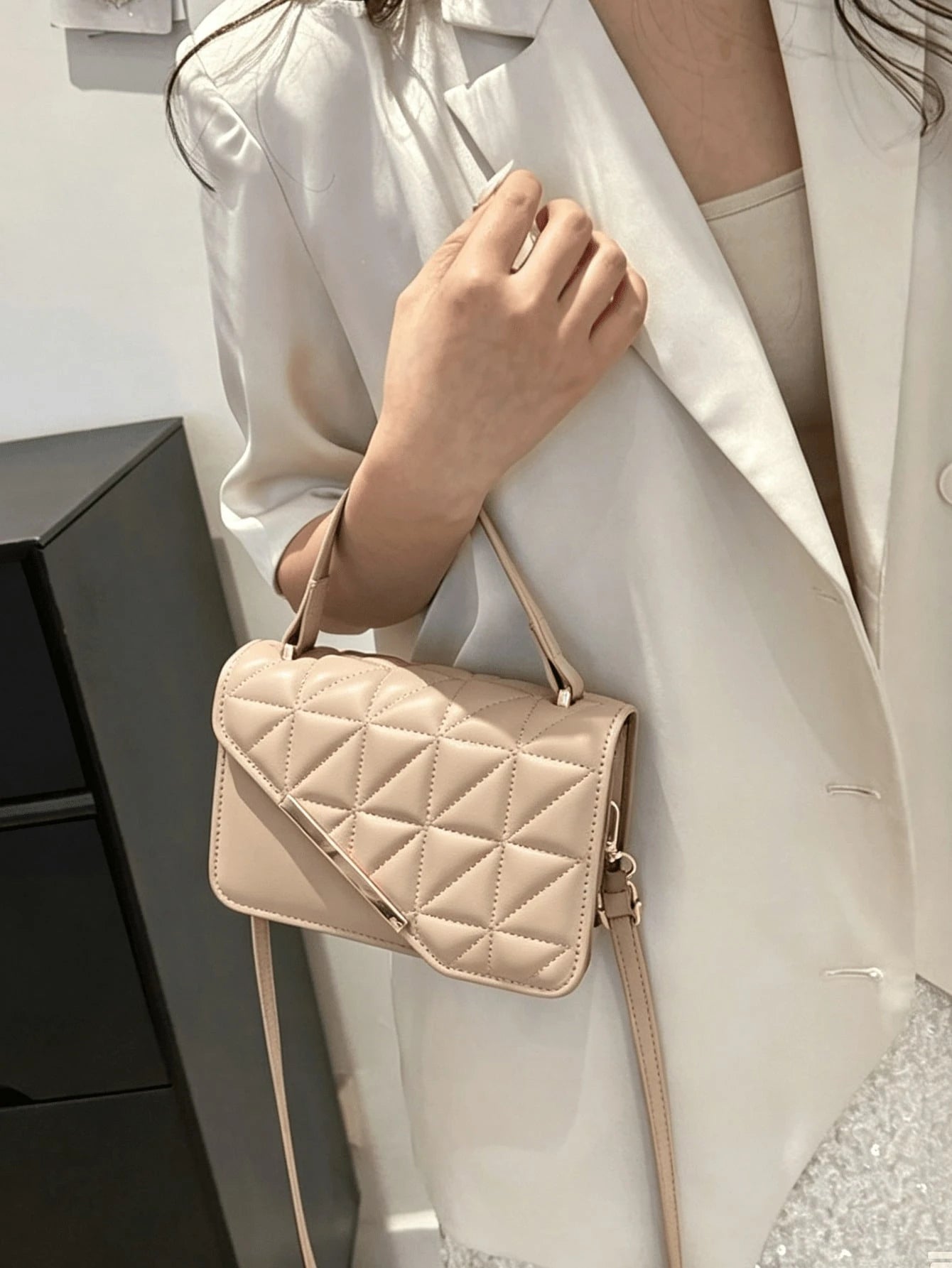 Imitation Leather Square Shoulder Bag, Quilted Texture Finish And Stitched Pattern, Multifunctional Mini Handbag, Suitable For Work And Shopping