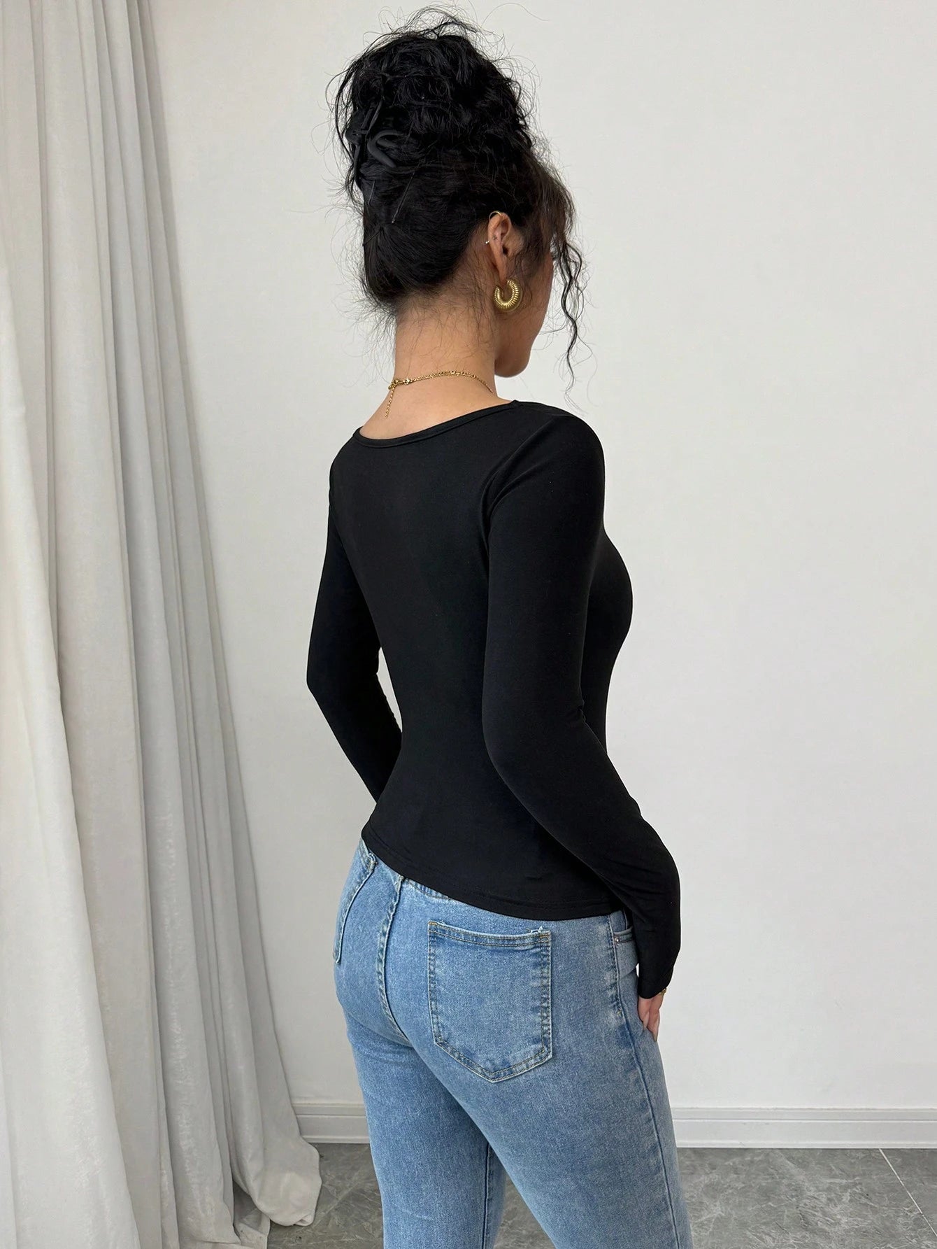 INAWLY Black Elegant Ruffle Trim Square Neck Long Sleeve Slim Fit Ladies T-Shirt Fall Cloth For Women