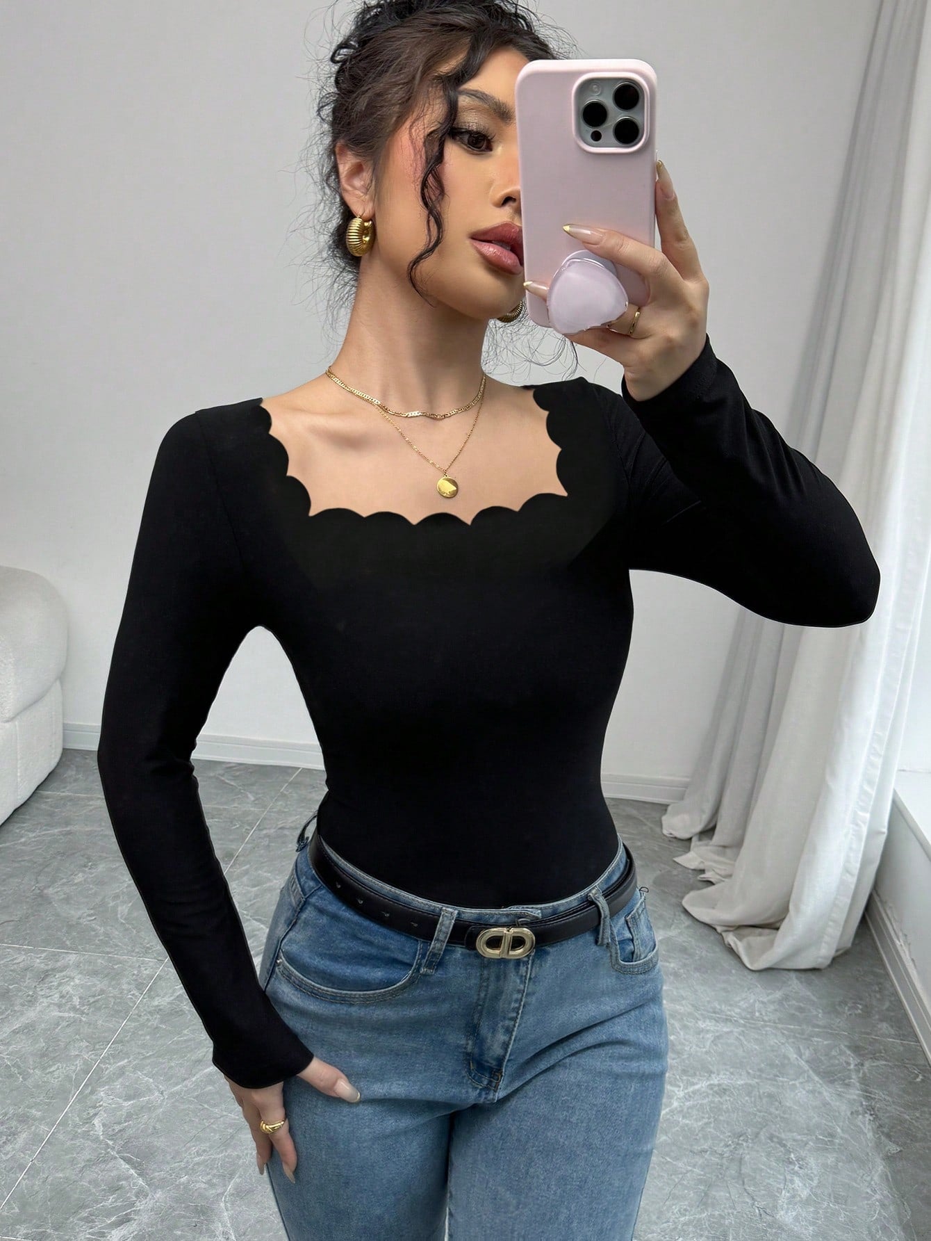 INAWLY Black Elegant Ruffle Trim Square Neck Long Sleeve Slim Fit Ladies T-Shirt Fall Cloth For Women