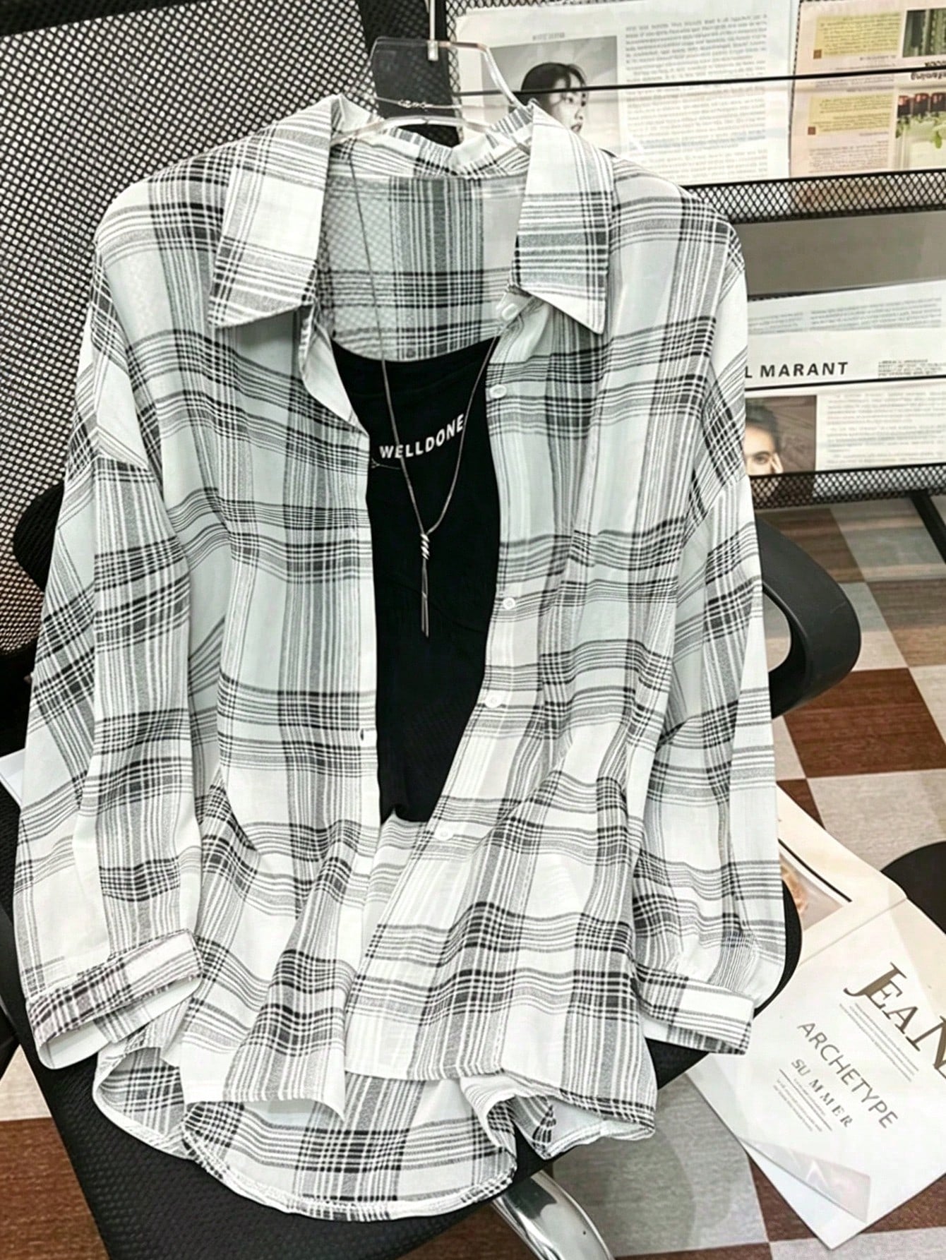 INAWLY Plus Size Women Casual Collegiate Style Printed Drop Shoulder Loose Curved Hem Plaid Shirt Fall Cloth For Women