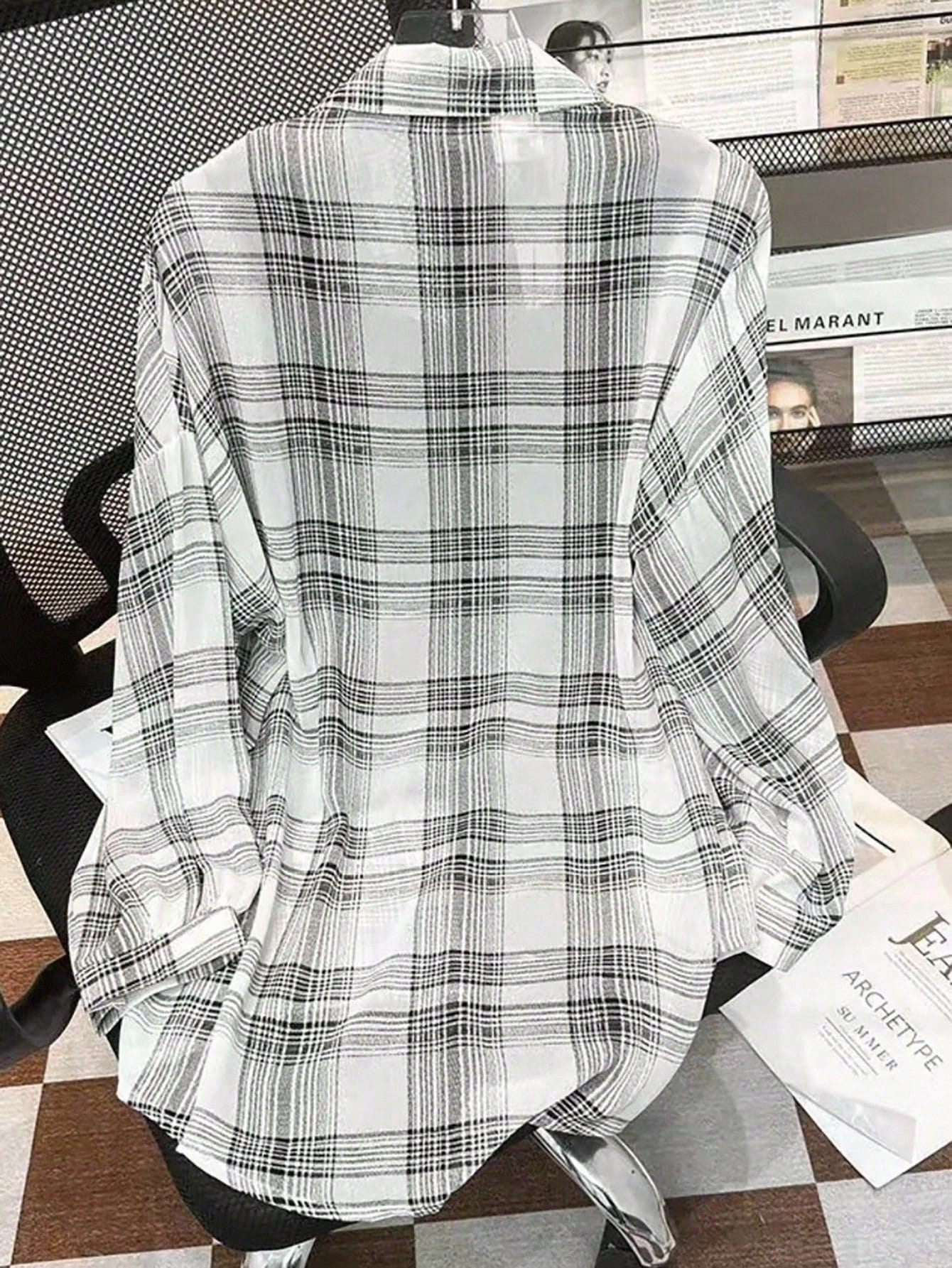 INAWLY Plus Size Women Casual Collegiate Style Printed Drop Shoulder Loose Curved Hem Plaid Shirt Fall Cloth For Women